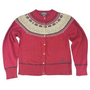 Woolrich Womens Fair Isle Cardigan Deep Red Button Up Festive Tree Sz L Ruby